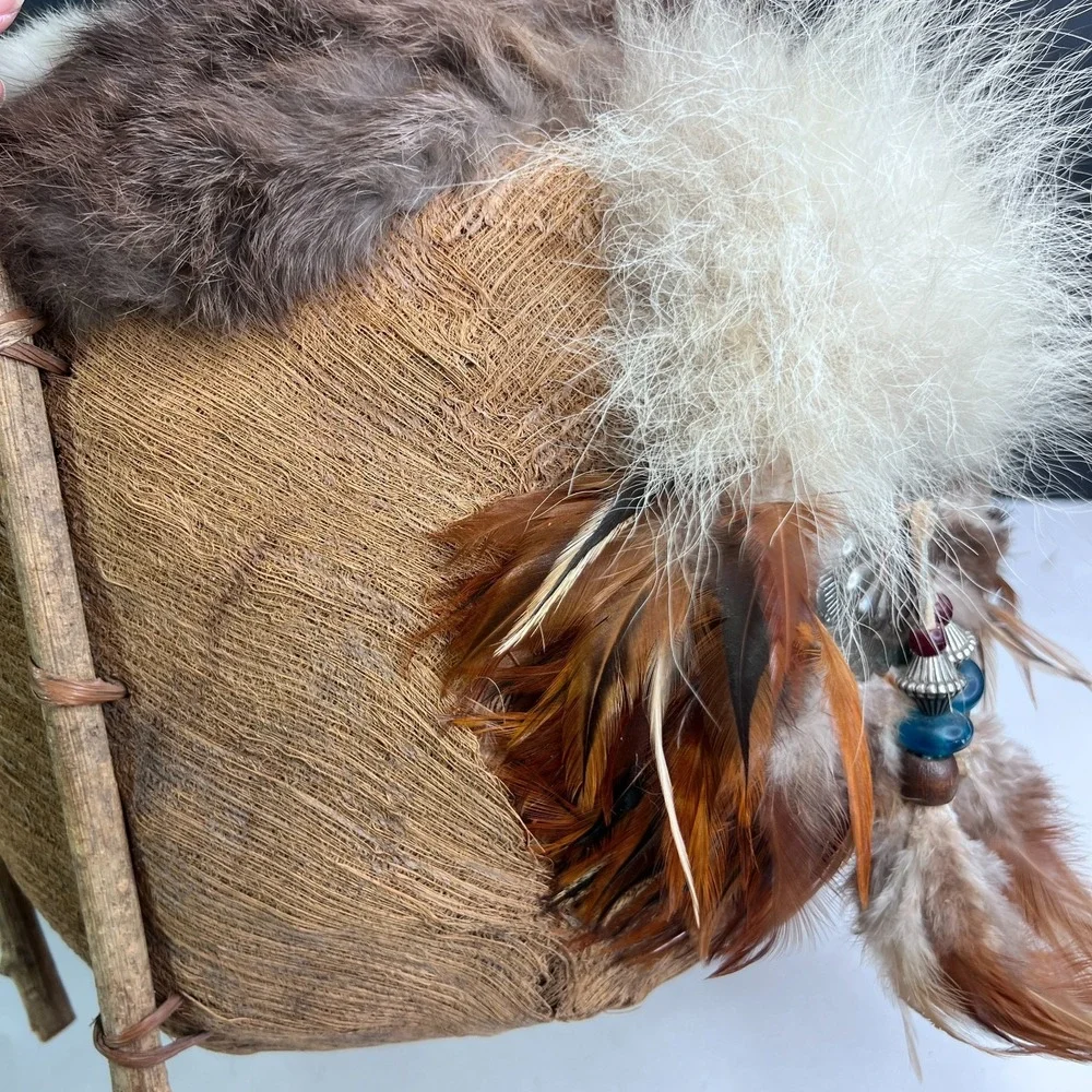 Handmade Native Style Fur Trim Basket Feathers Beaded Accent‎ Rustic Boho Decor